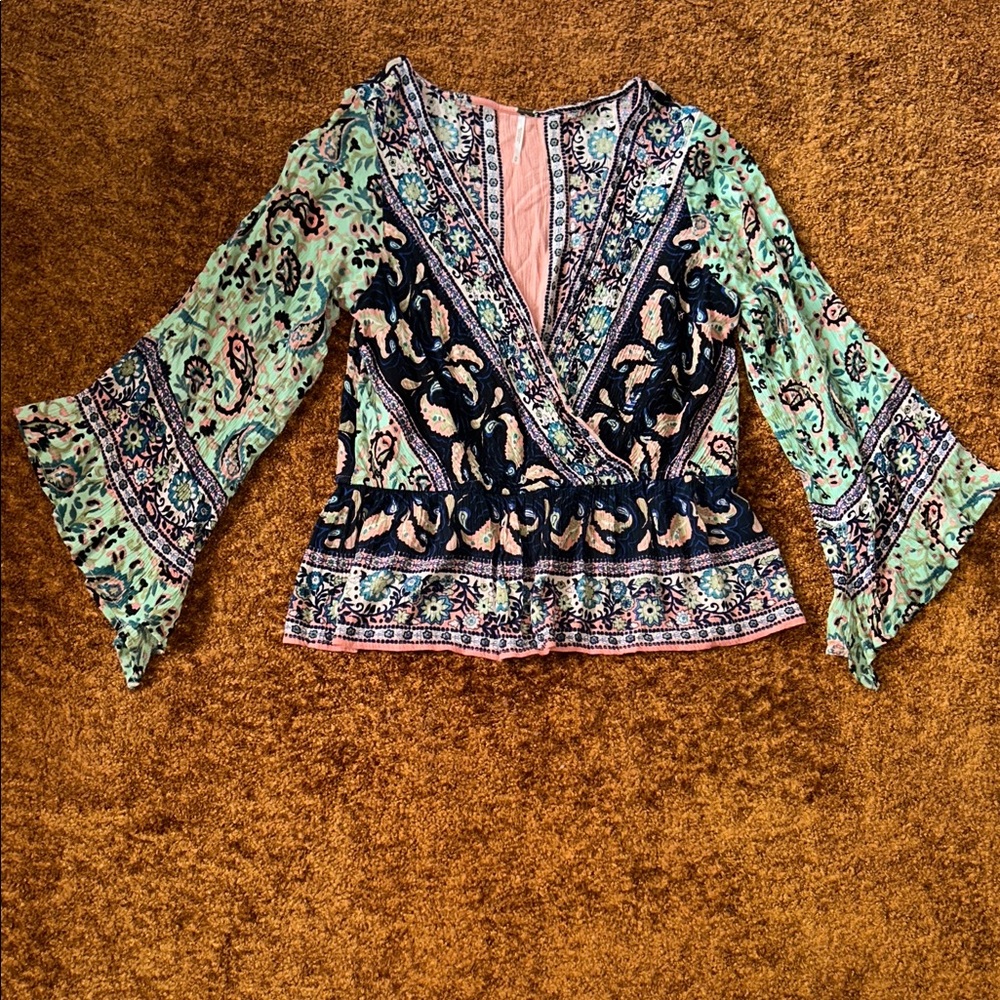 Free People Mint Green & Navy Floral Wrap Blouse with Bell Sleeves